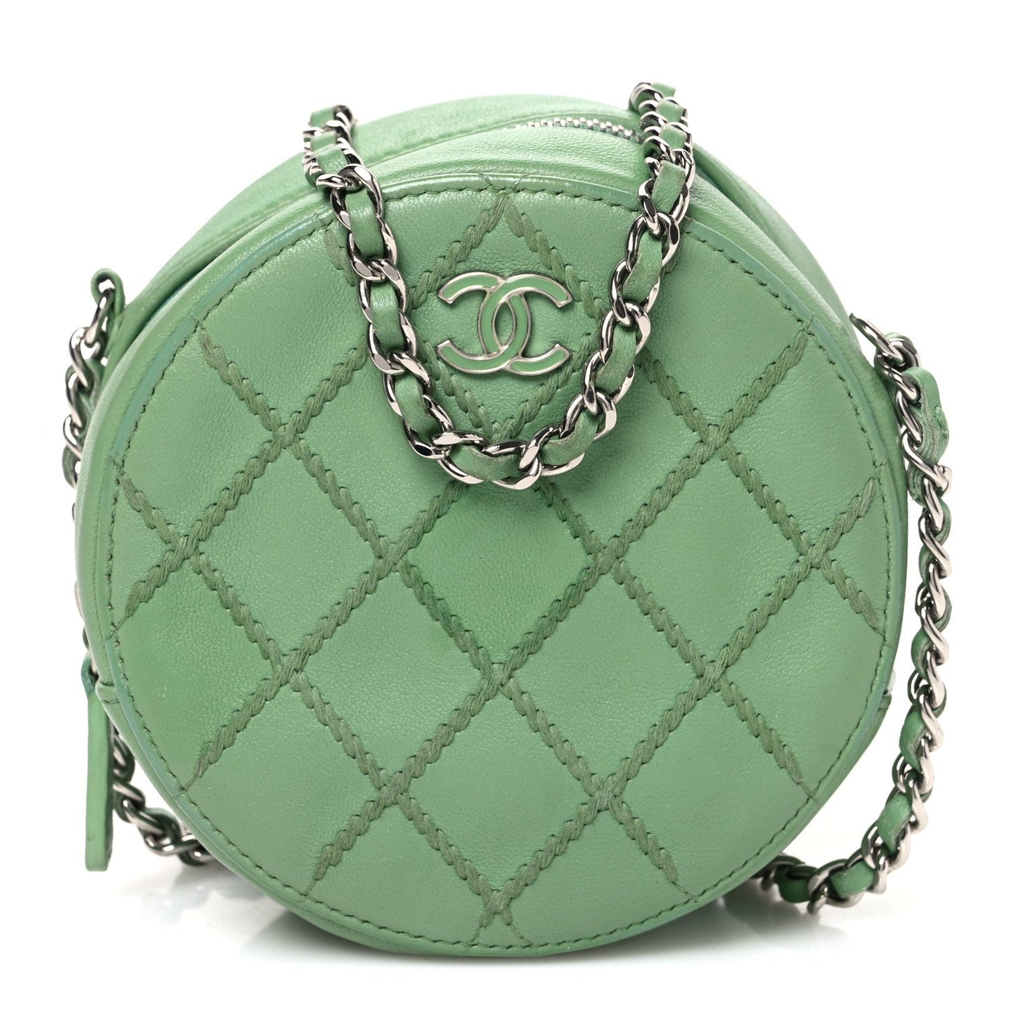 Lambskin Stitch Round Clutch With Chain Green