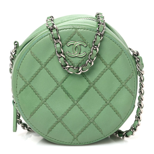 Lambskin Stitch Round Clutch With Chain Green