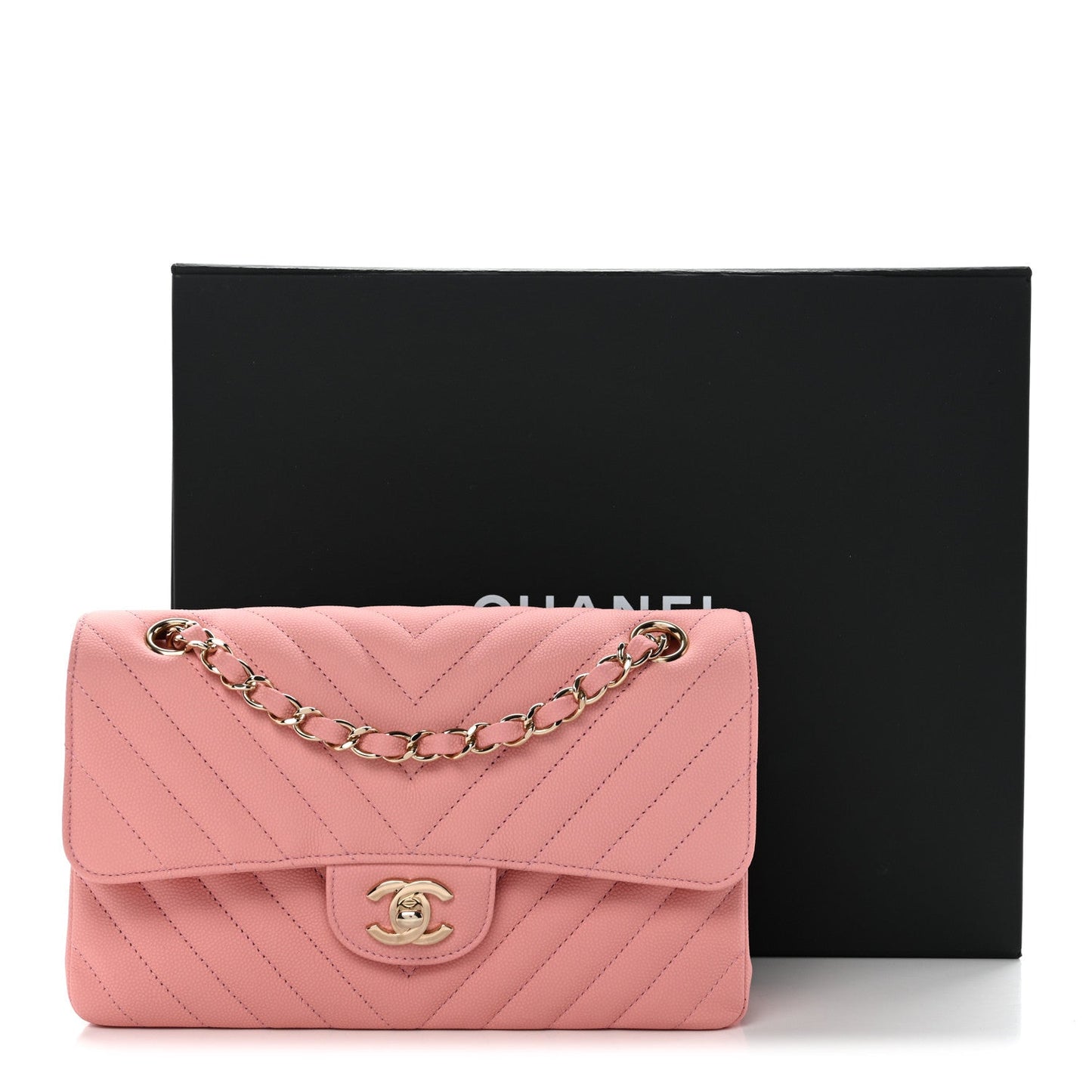 Caviar Chevron Quilted Small Double Flap Pink