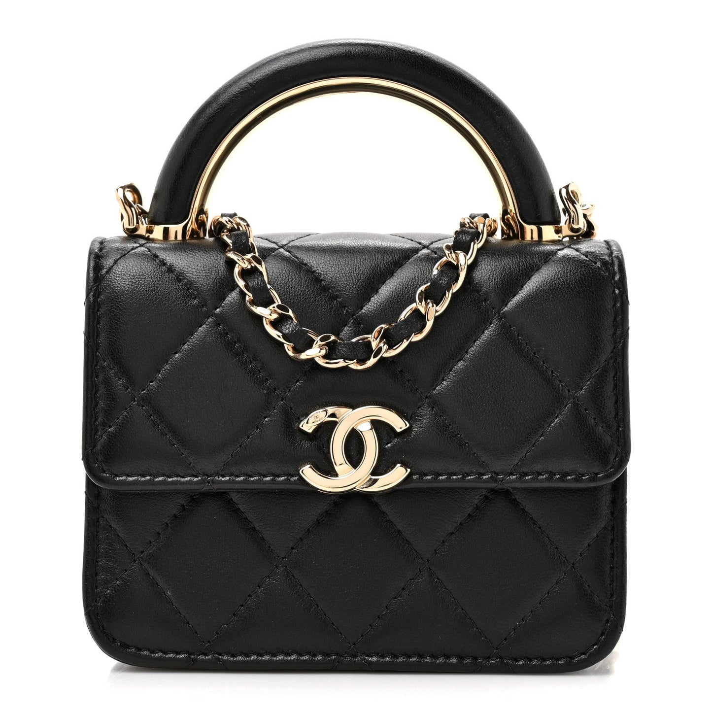 Lambskin Metal Quilted Top Handle Flap Clutch With Chain Black