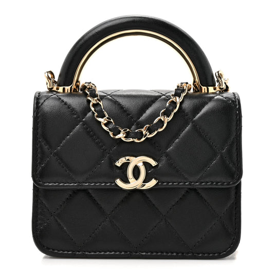 Lambskin Metal Quilted Top Handle Flap Clutch With Chain Black