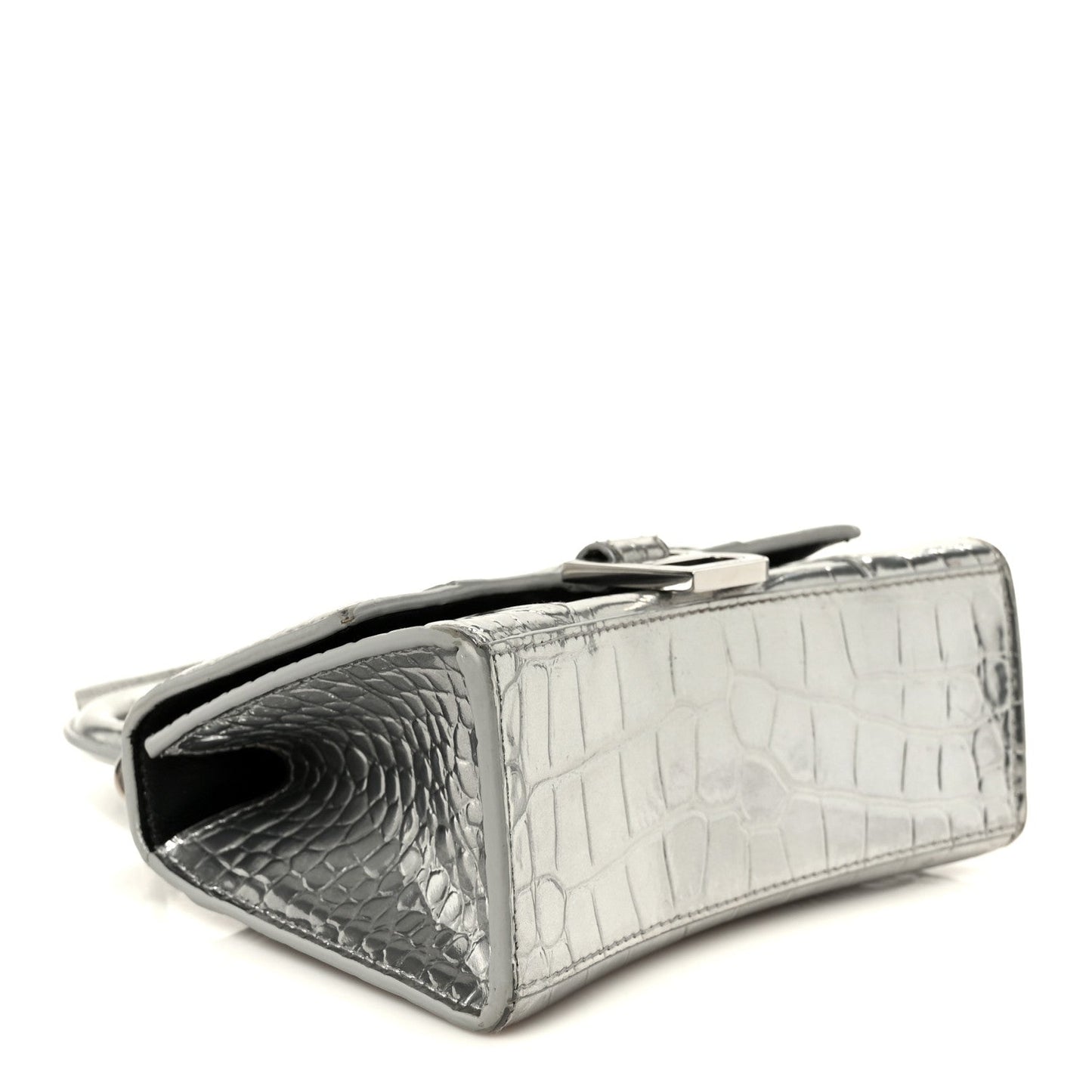 Metallic Calfskin Crocodile Embossed Hourglass Top Handle Bag XS Silver