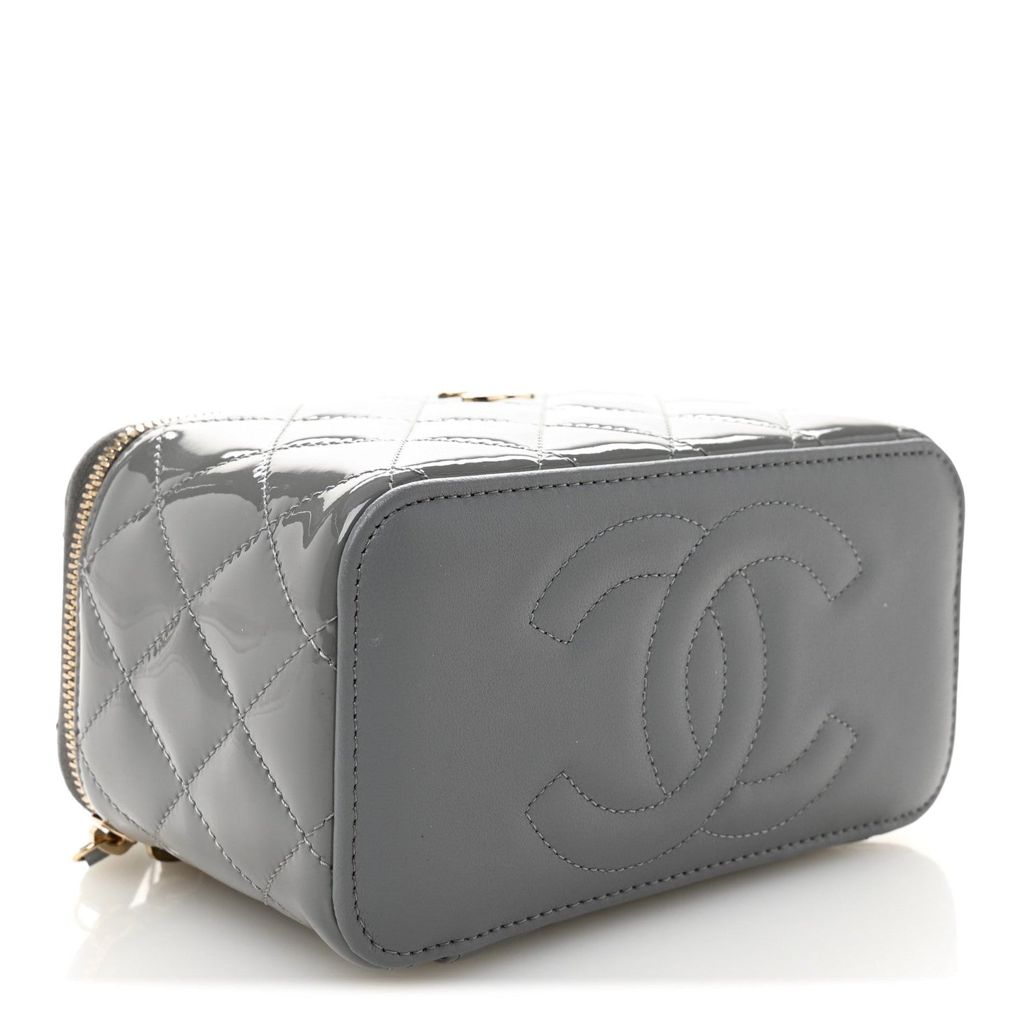 Patent Quilted Quilted Small Top Handle Vanity Case With Chain Grey
