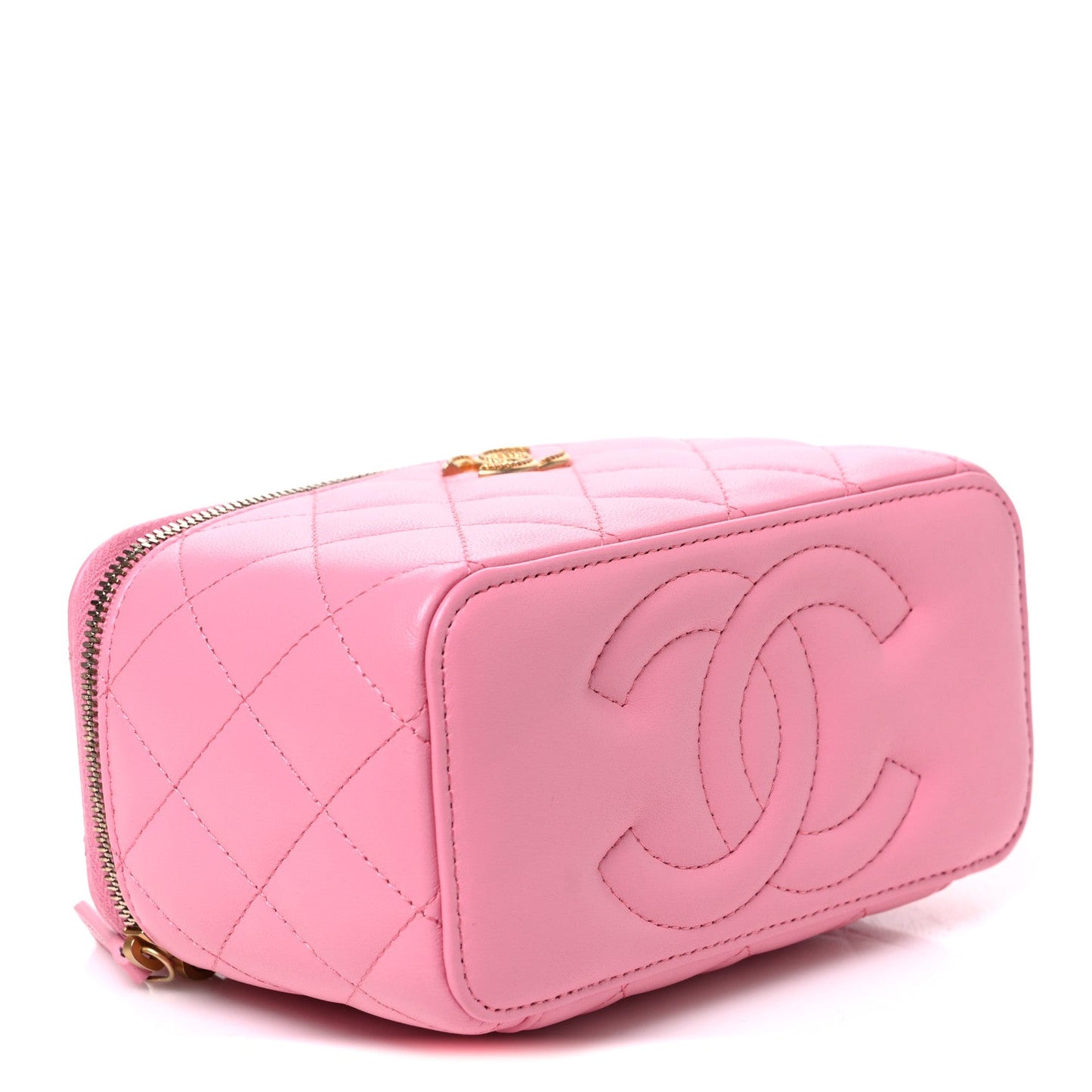 Lambskin Quilted Metal Twist Small Top Handle Vanity Case With Chain Pink