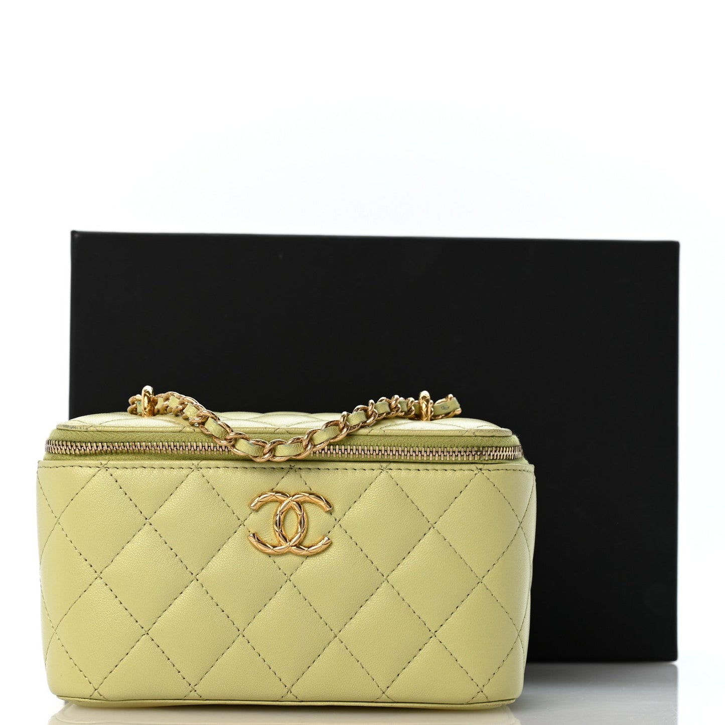 Lambskin Quilted Small Vanity Case With Chain Light Green
