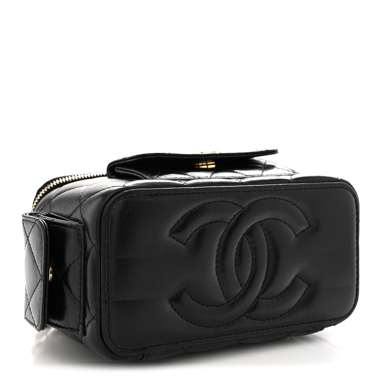 Lambskin Quilted Polly Pocket East West Top Vanity With Chain Black