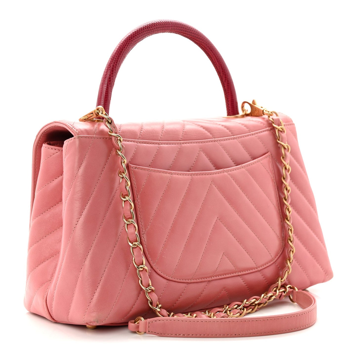 Calfskin Lizard Chevron Quilted Small Coco Handle Flap Pink