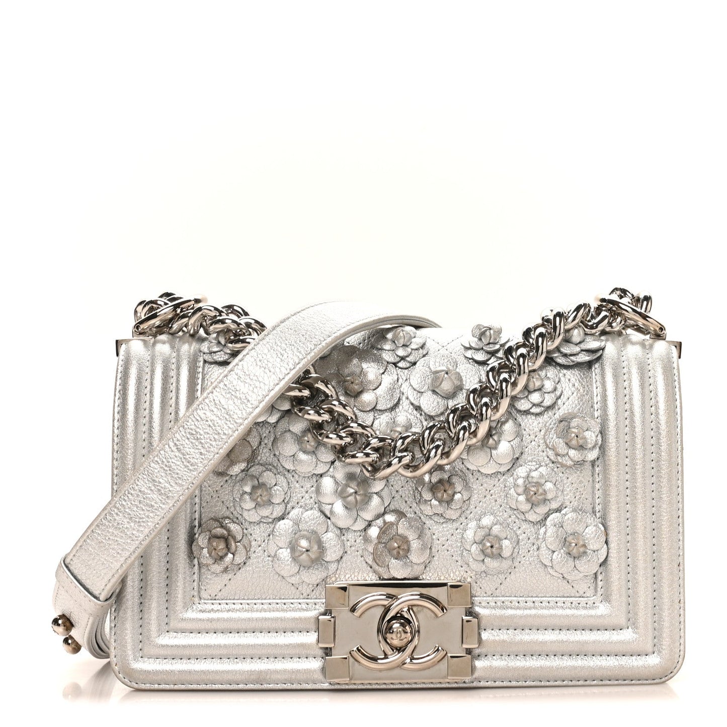 Metallic Calfskin Camellia Quilted Small Boy Flap Silver