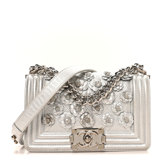 Metallic Calfskin Camellia Quilted Small Boy Flap Silver