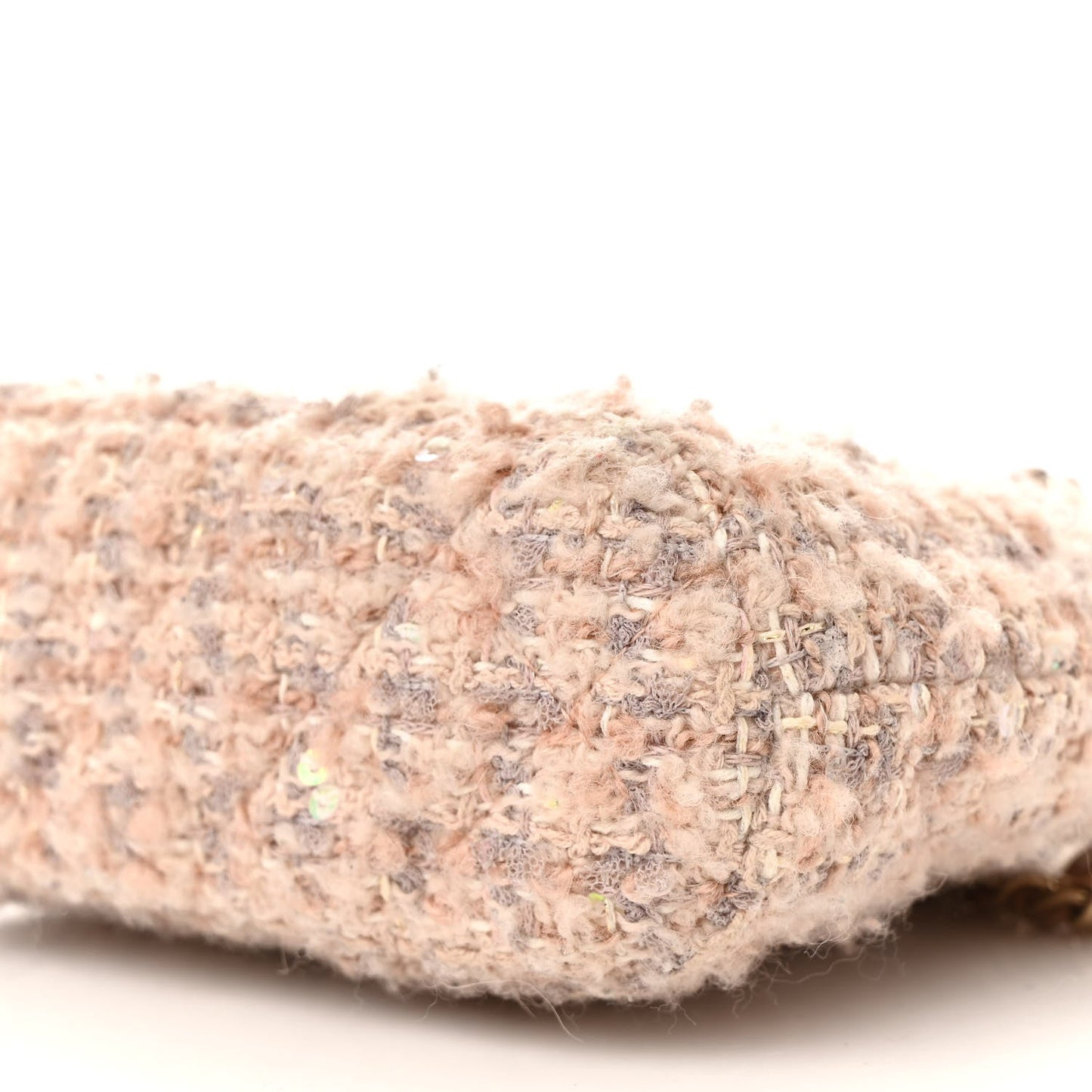 Cotton Wool Tweed Sequin Quilted Shiny Coco Clutch With Chain Light Pink Beige Ecru