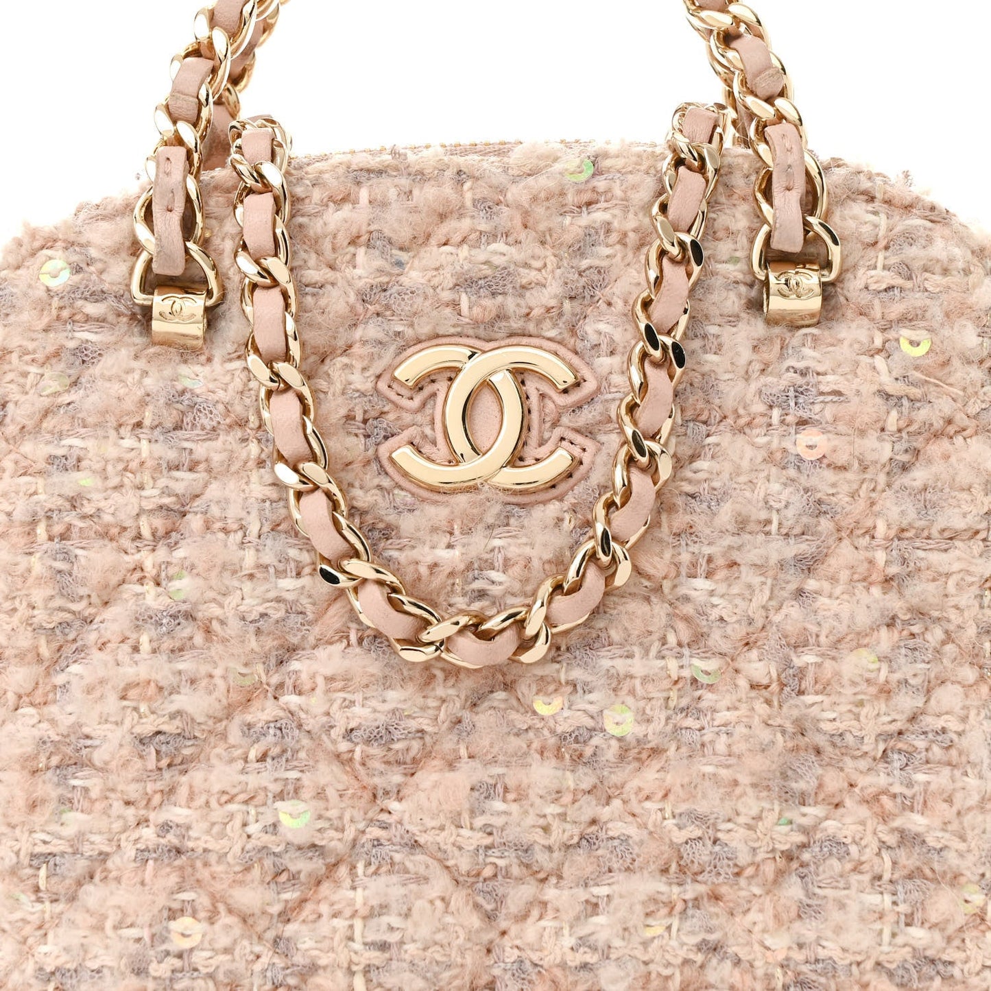 Cotton Wool Tweed Sequin Quilted Shiny Coco Clutch With Chain Light Pink Beige Ecru