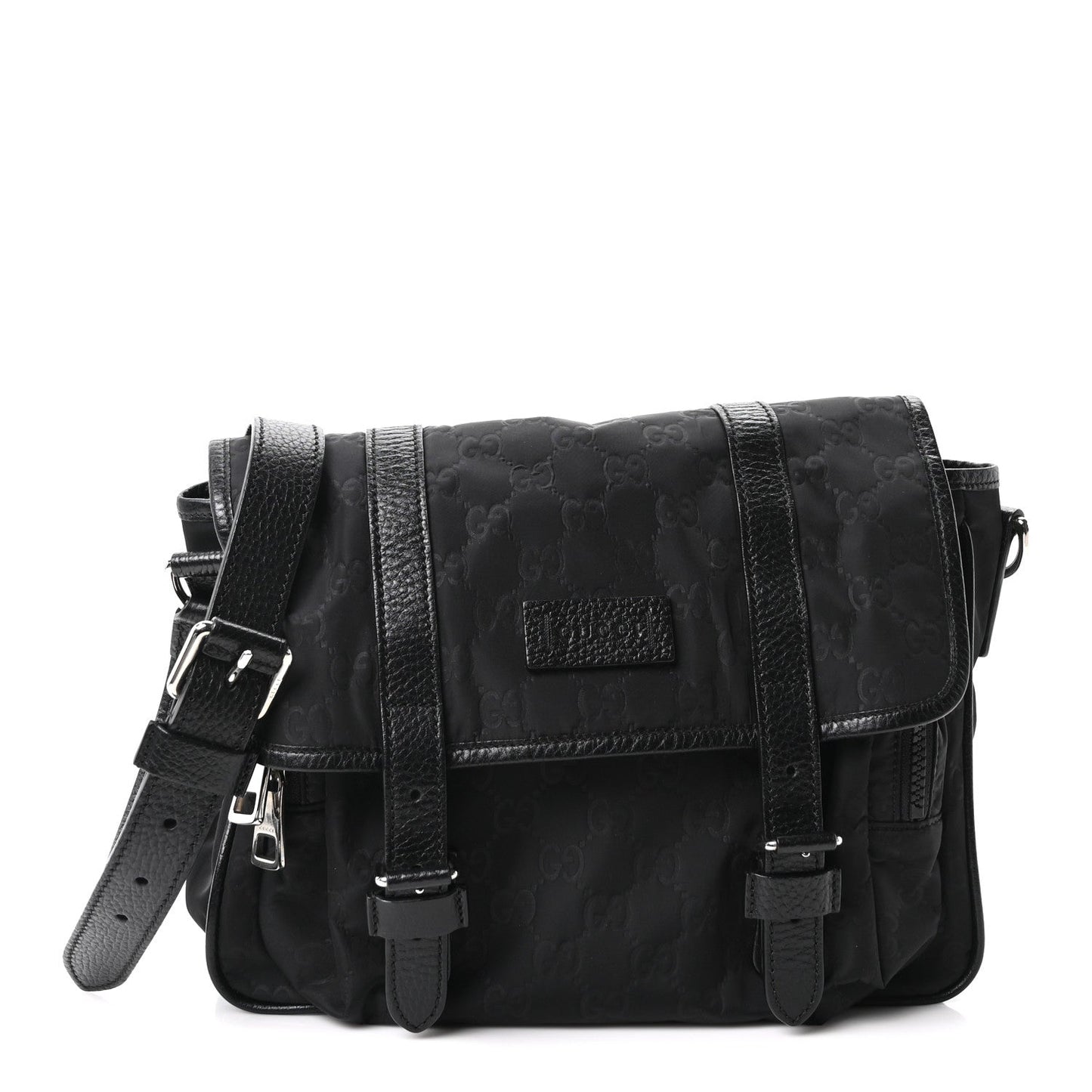 Nylon Monogram Double Buckle Flap Messenger Bag Black