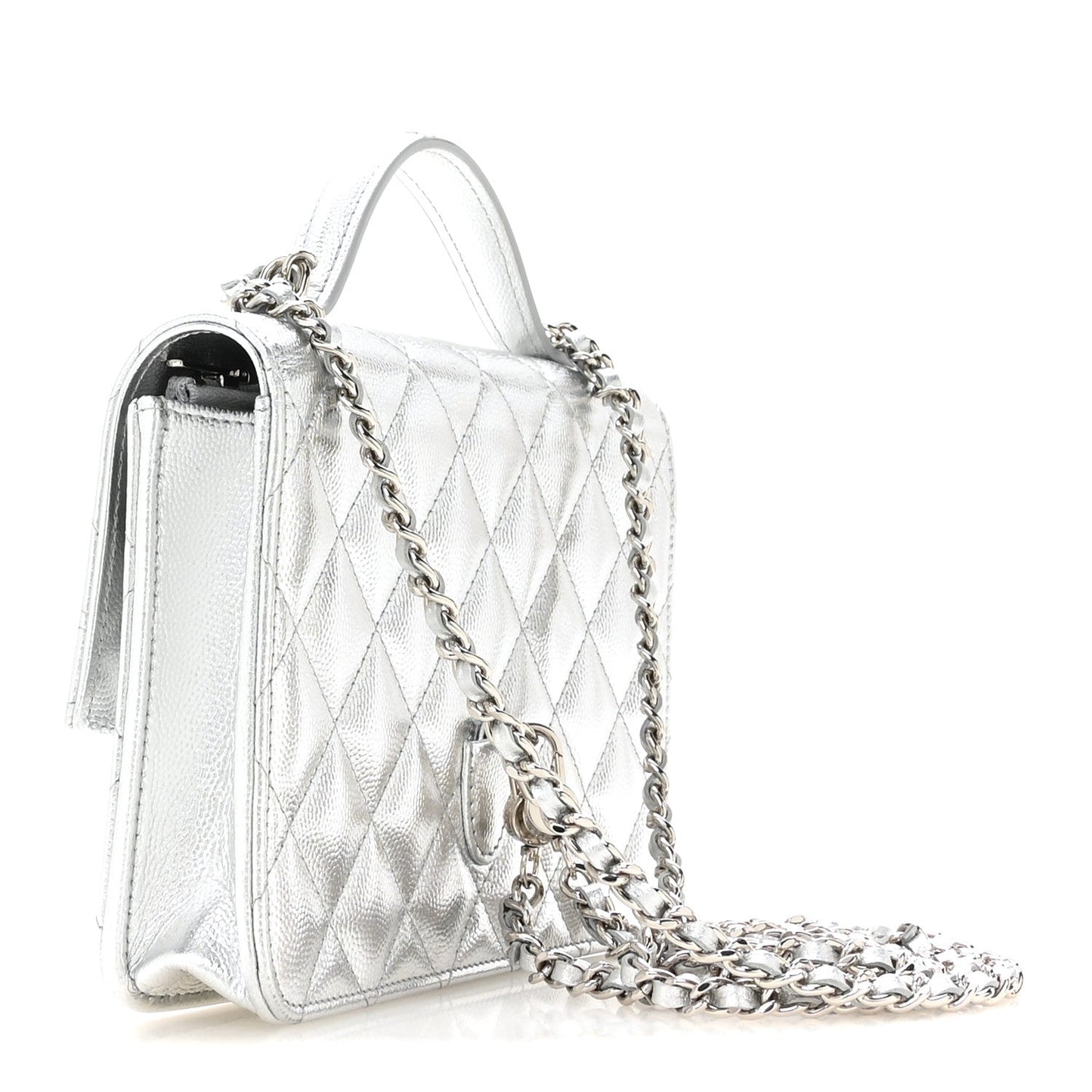 Metallic Caviar Quilted Top Handle Wallet on Chain WOC Silver