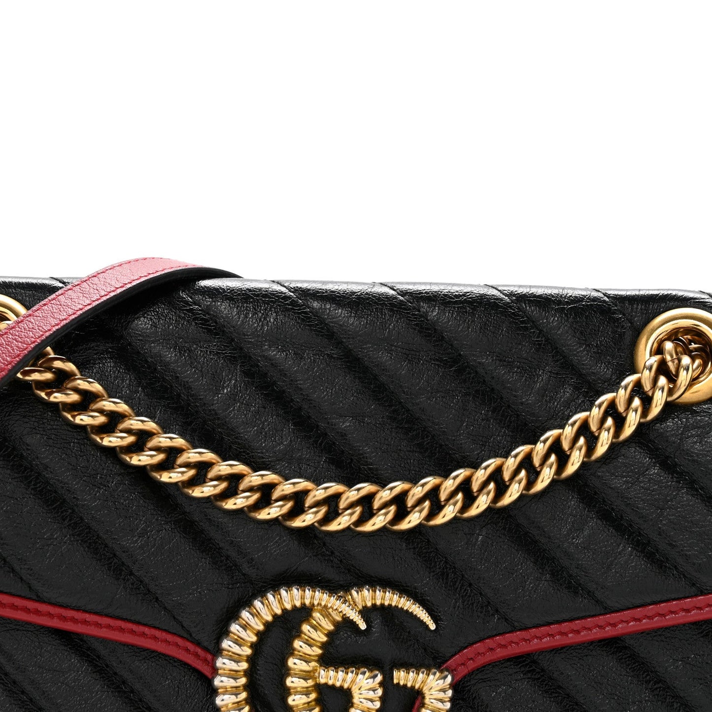 Vintage Effect Calfskin Matelasse Diagonal Small Torchon GG Marmont Shoulder Bag Black Romantic Cherry
