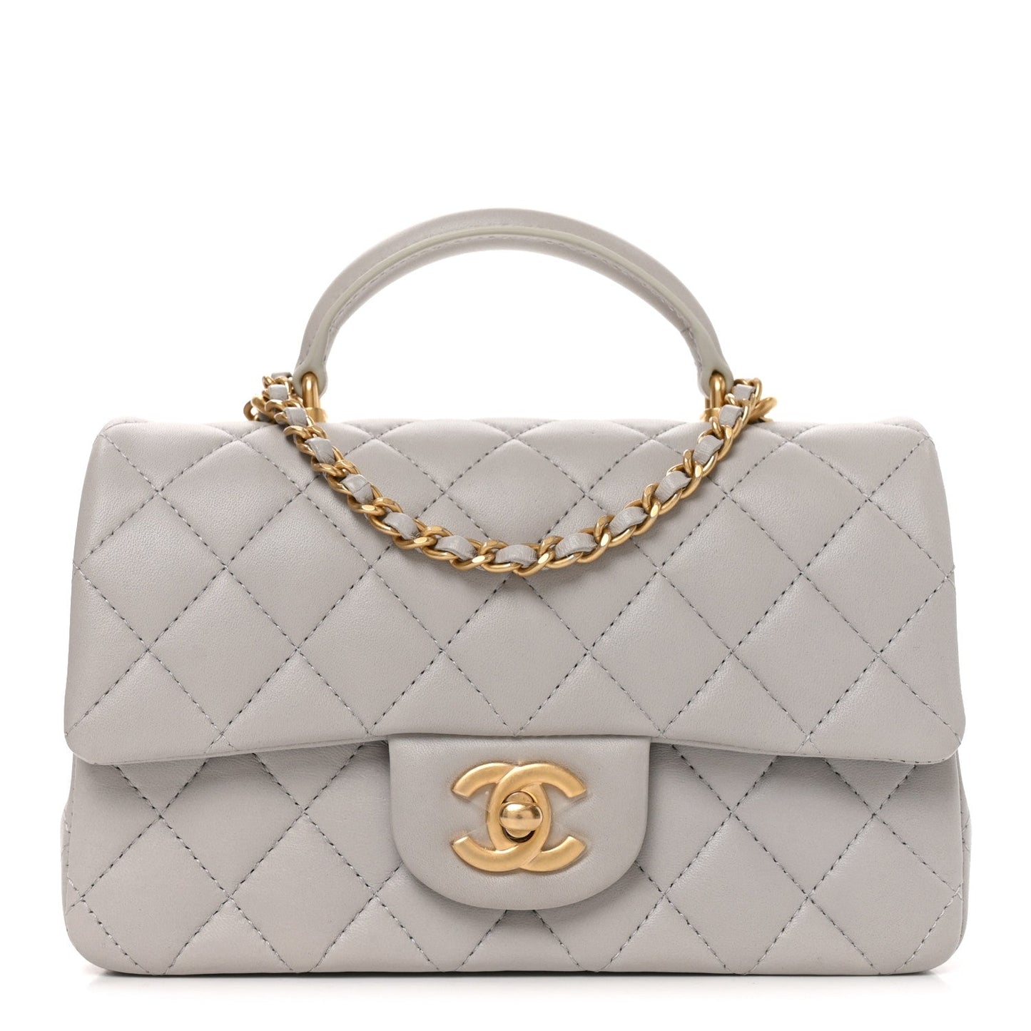 Lambskin Quilted Mini Top Handle Rectangular Flap Grey