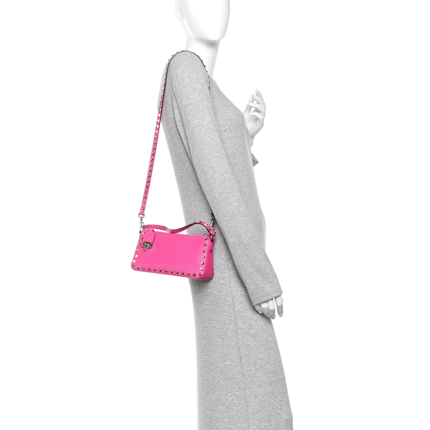 Pebbled Calfskin Small Rockstud Flip Lock Shoulder Bag Fuxia