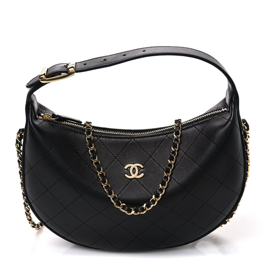 Lambskin Quilted Hobo Clutch With Chain Black