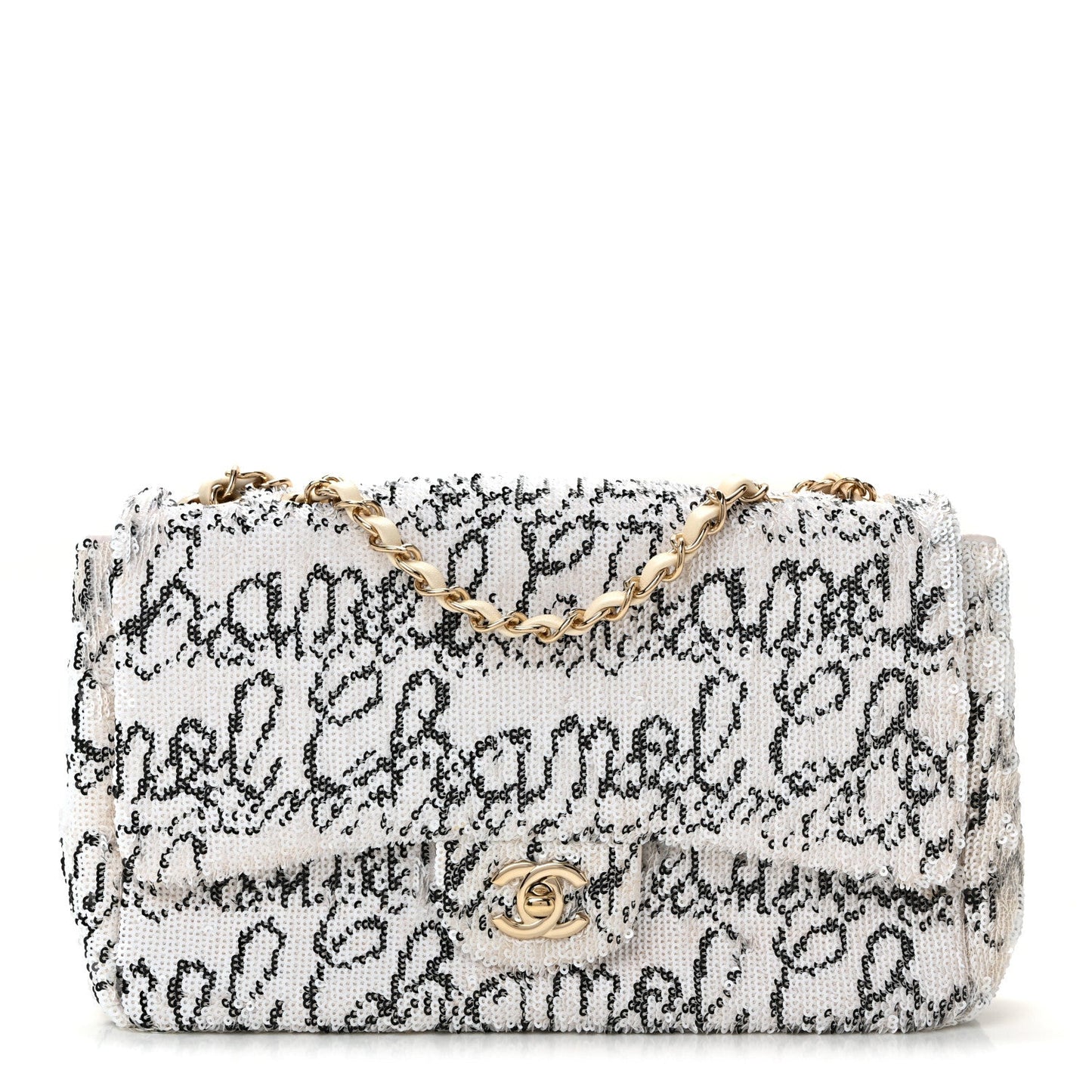 Sequin Logo Medium Flap White Black