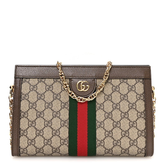 GG Supreme Monogram Web Small Ophidia Chain Shoulder Bag Brown