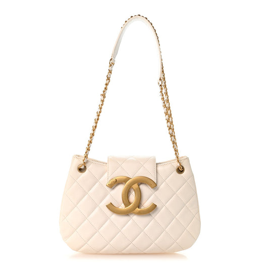 Lambskin Quilted Giant CC Shoulder Bag White