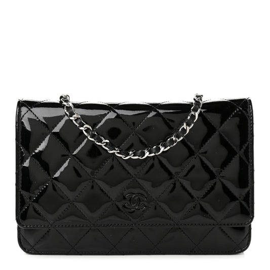 Patent Quilted Wallet On Chain WOC Black