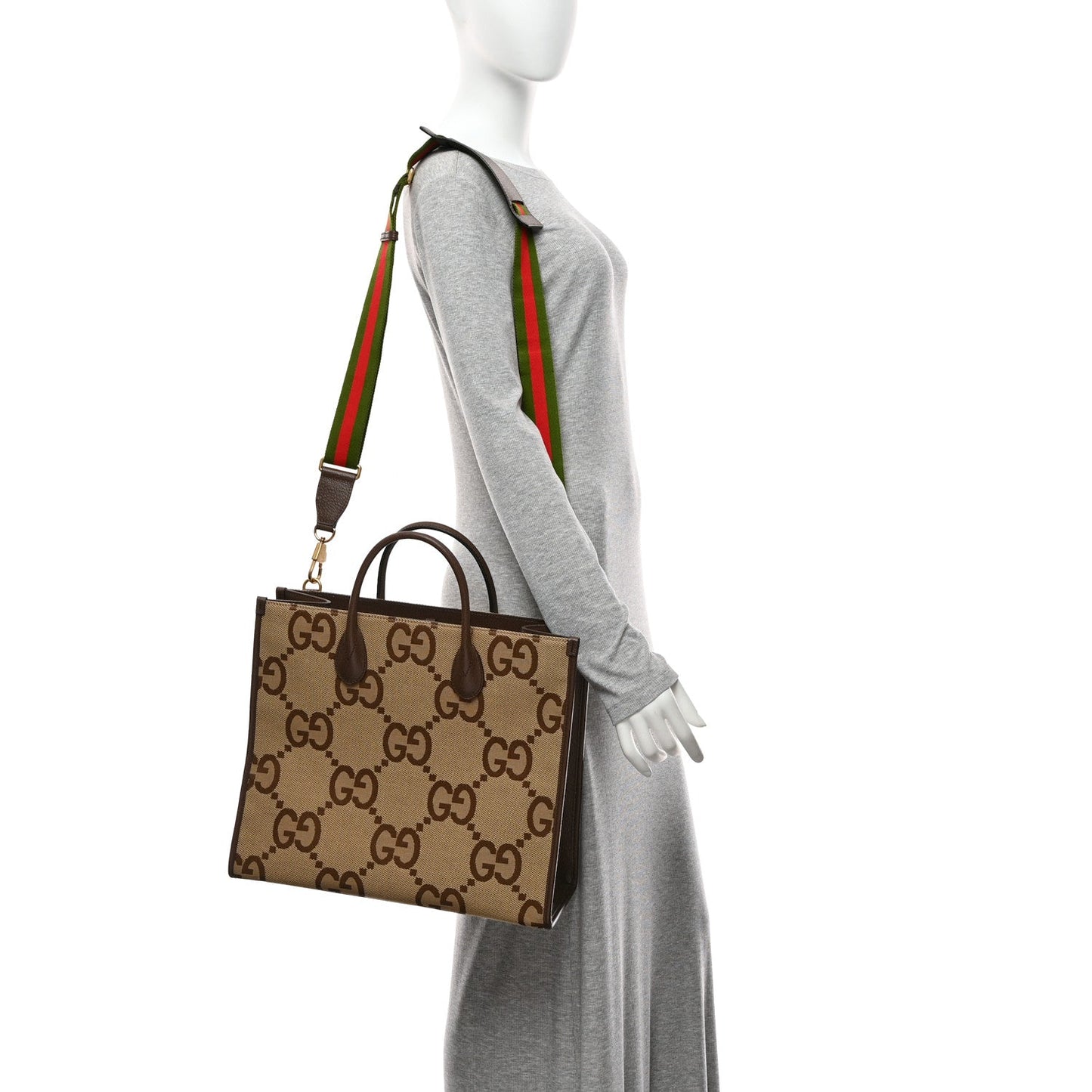 Monogram Jumbo GG Textured Dollar Calfskin Web Tote Bag Camel Ebony New Acero