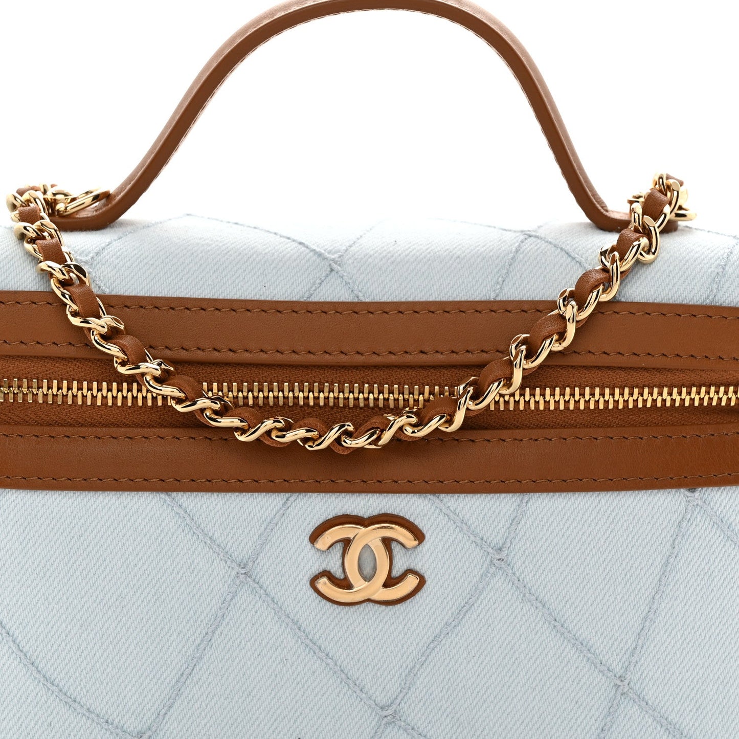 Washed Denim Calfskin Quilted Top Handle Slim Vanity Case With Chain Blue Brown