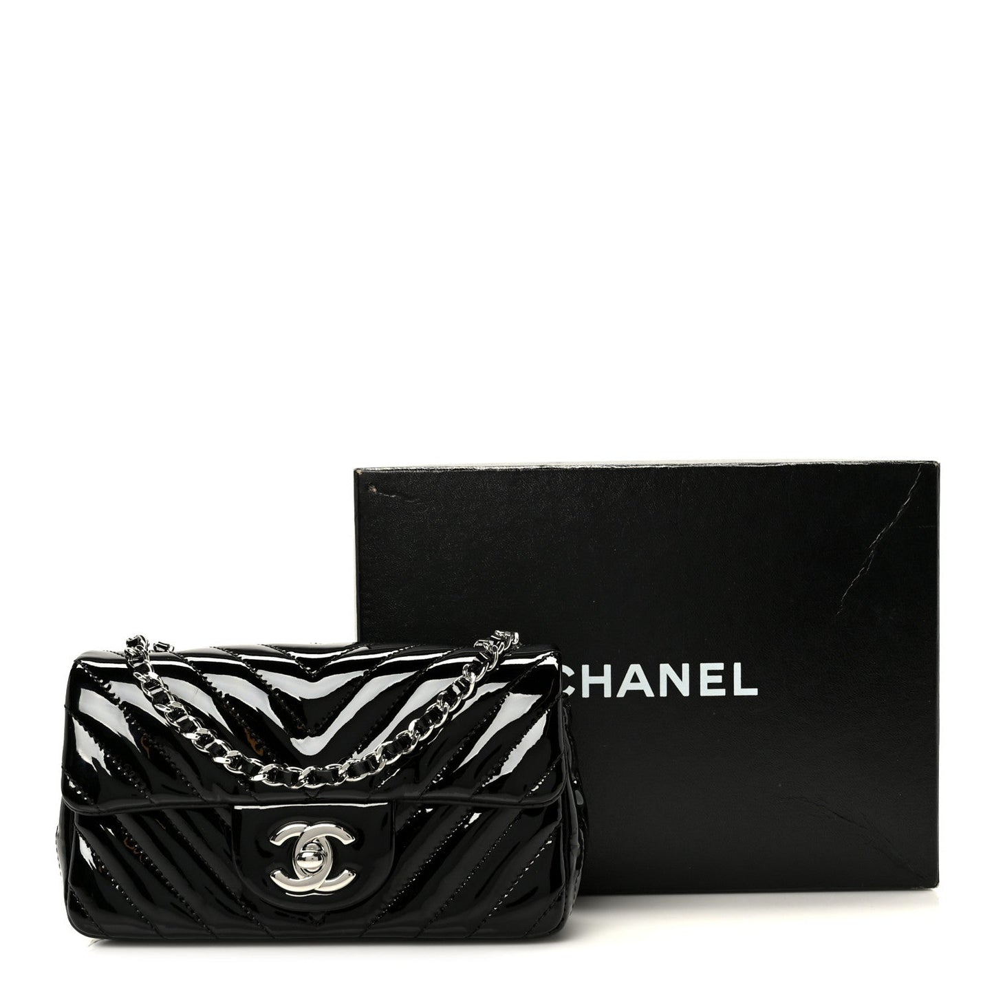 Patent Calfskin Chevron Quilted Extra Mini Flap Black