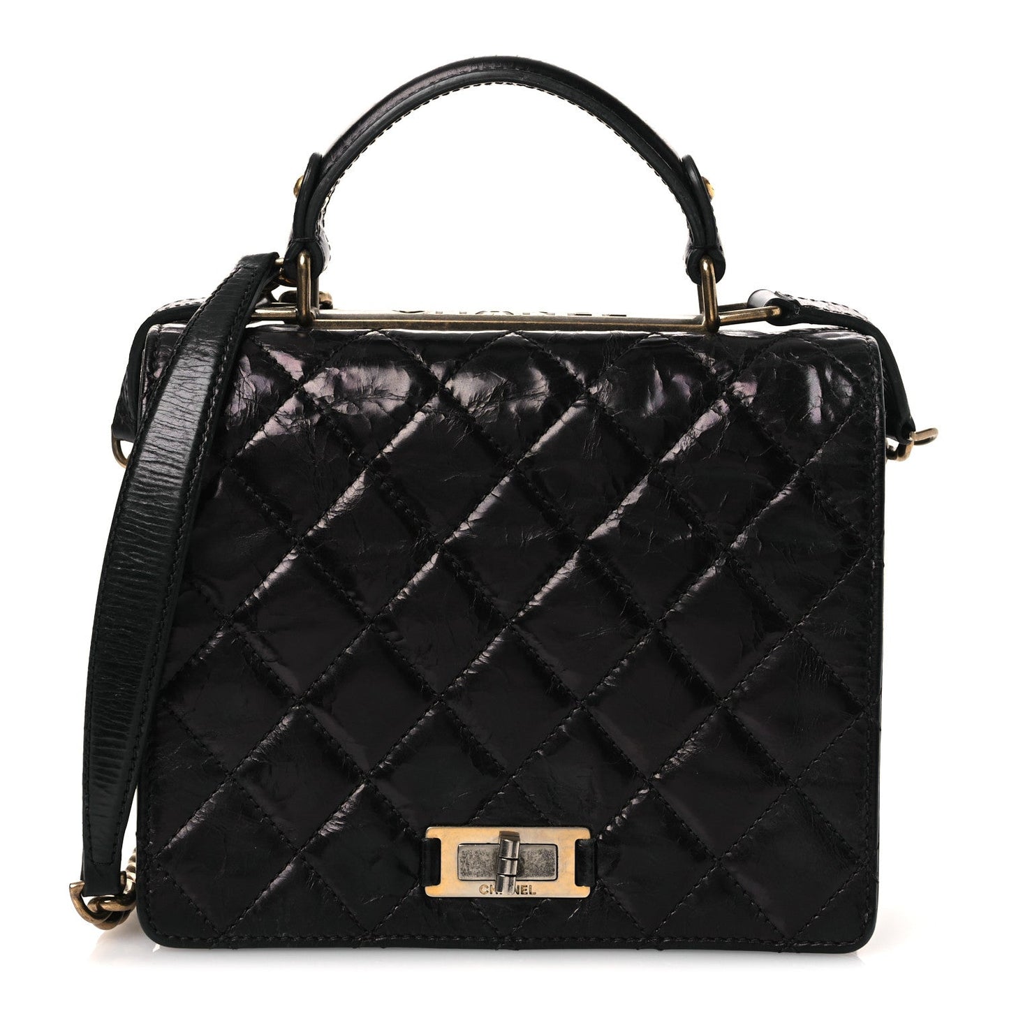 Glazed Calfskin Quilted Rita Top Handle Flap Black