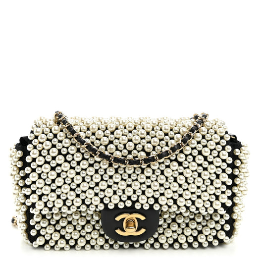 Satin Lambskin Pearl On Mini Rectangular Flap Black