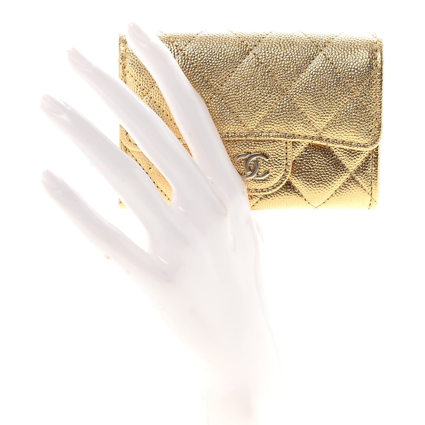 Metallic Caviar Quilted Flap Card Holder Wallet Gold