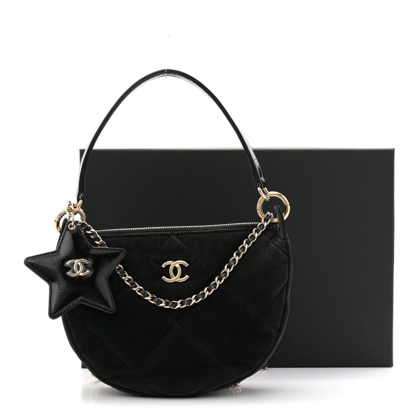 Velvet Effect Nylon Shiny Crumpled Calfskin Coco Neige Quilted Clutch With Chain Black