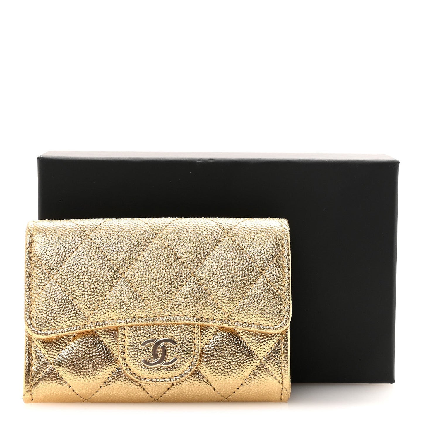Metallic Caviar Quilted Flap Card Holder Wallet Gold