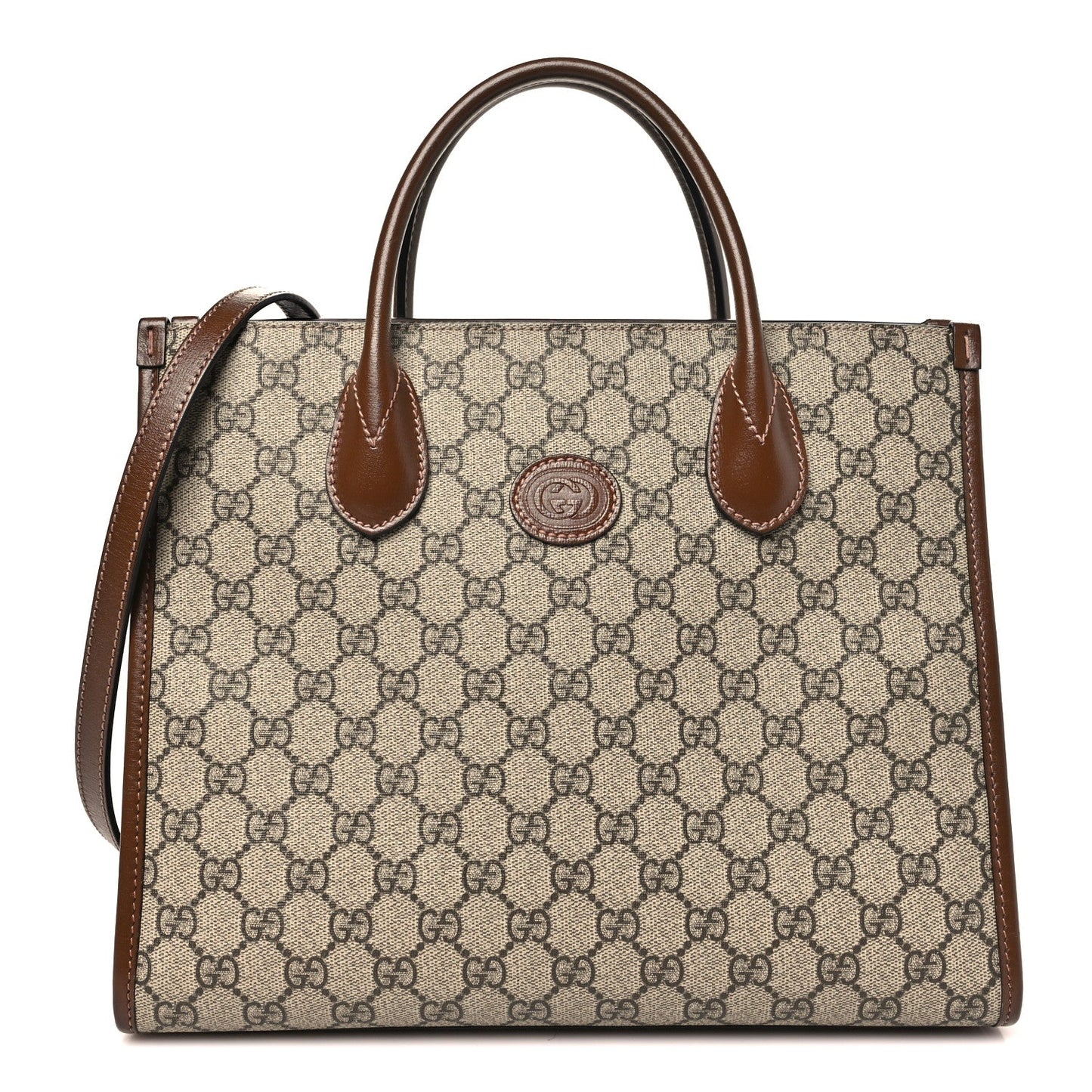 GG Supreme Monogram Azalea Calfskin Small Retro Interlocking G Tote Bag Beige Ebony Brown Sugar
