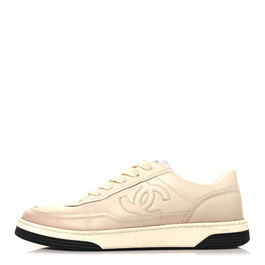 Printed Calfskin Womens CC Logo Sneakers 38 Beige