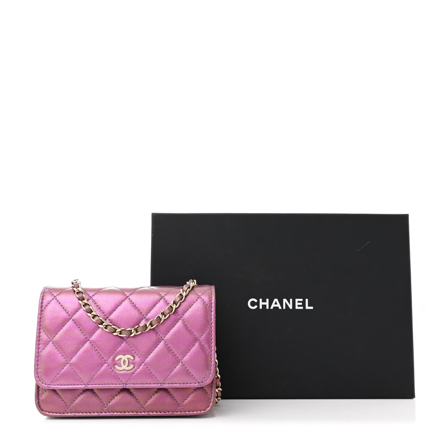 Iridescent Lambskin Quilted Mini Wallet On Chain WOC Purple