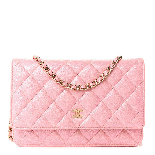 Iridescent Caviar Quilted Wallet on Chain WOC Rose Pink