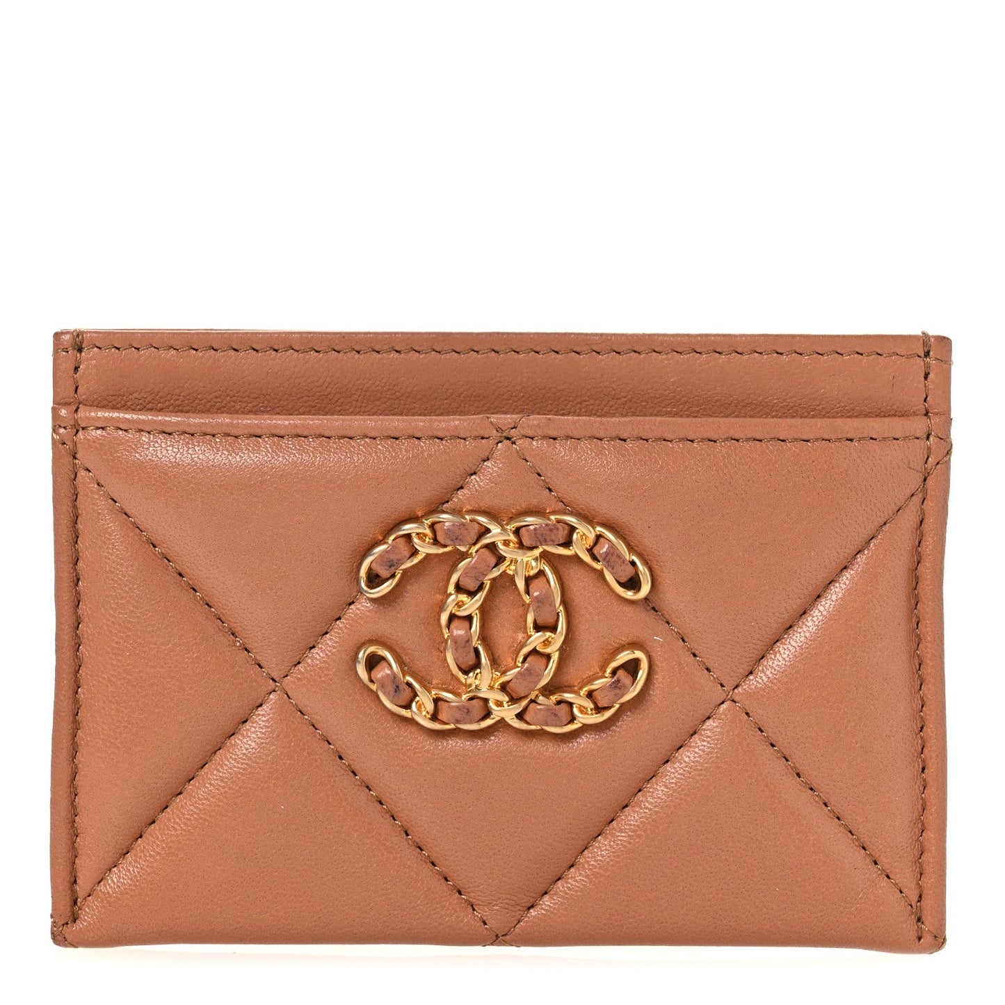 Lambskin Quilted Chanel 19 Card Holder Brown