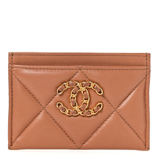 Lambskin Quilted Chanel 19 Card Holder Brown