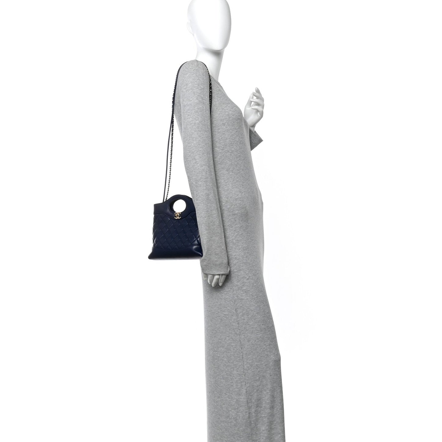 Shiny Crumpled Calfskin Quilted Mini 31 Shopping Bag Navy Blue