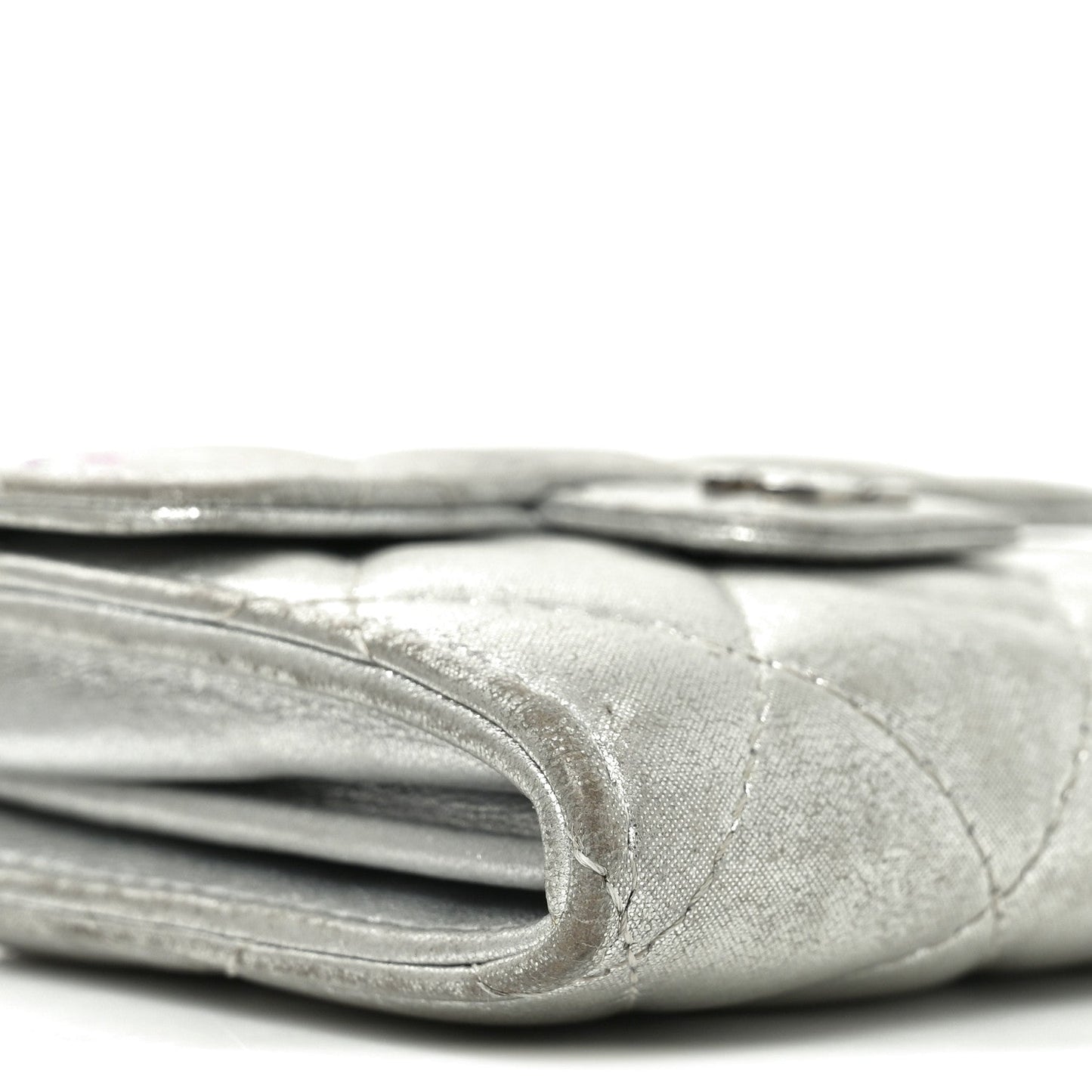 Metallic Lambskin Quilted Flap Card Holder Wallet Silver
