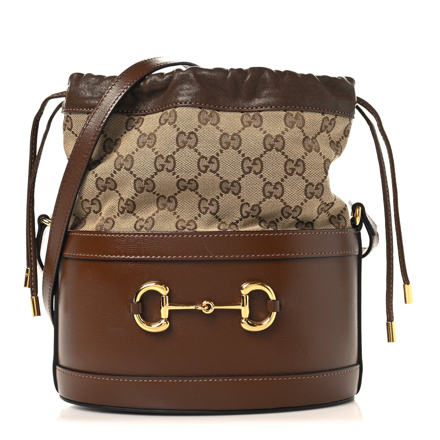 Monogram Textured Calfskin Horsebit 1955 Drawstring Bucket Bag Beige Brown Sugar