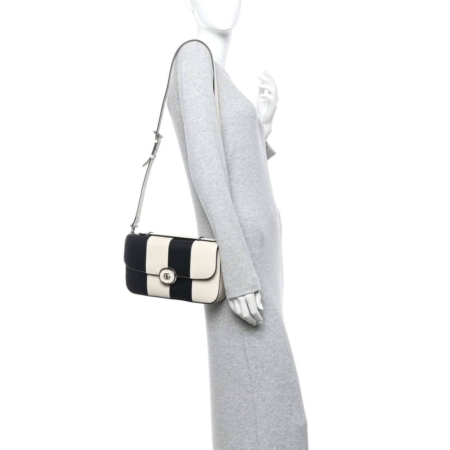 Senna Calfskin Lines Petite GG Top Handle Shoulder Bag Black Mystic White