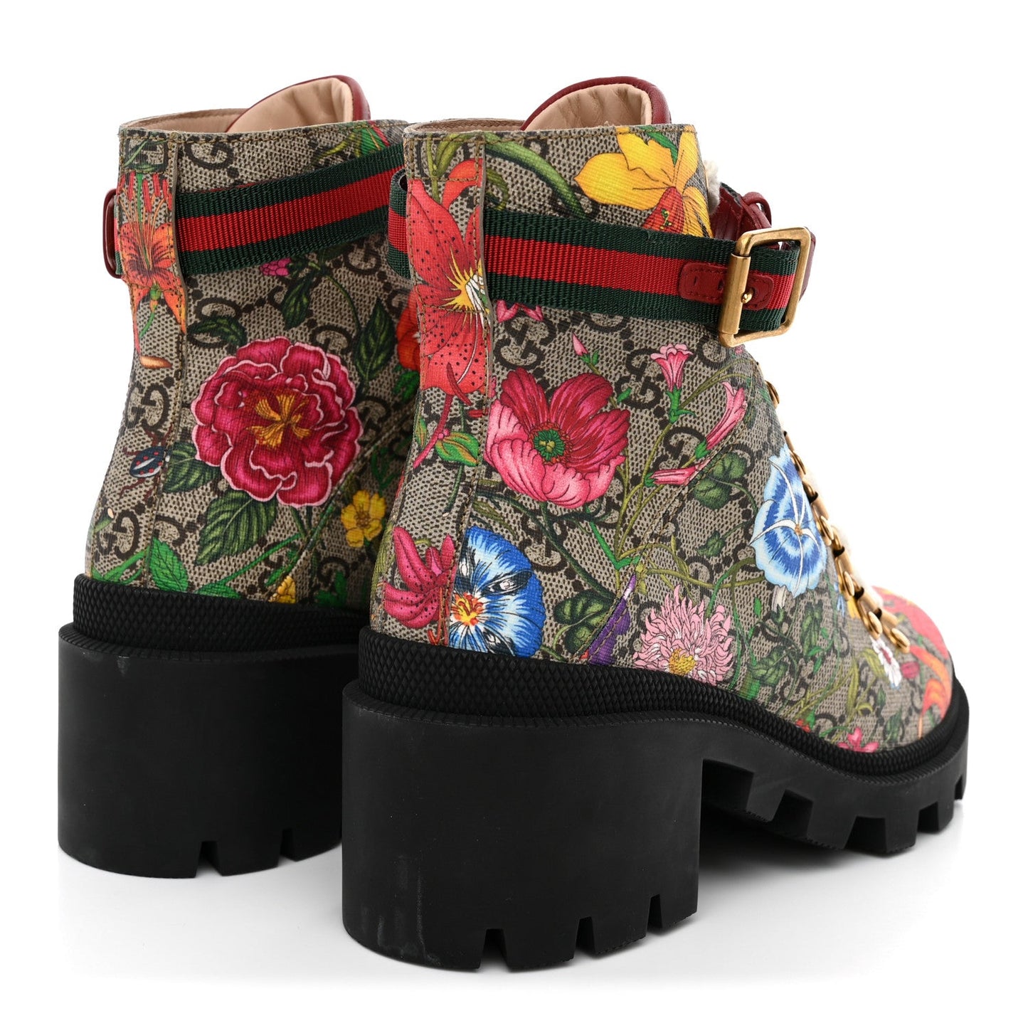 GG Supreme Monogram Flora Lace Up Combat Ankle Boots 36 Beige Multicolor Red
