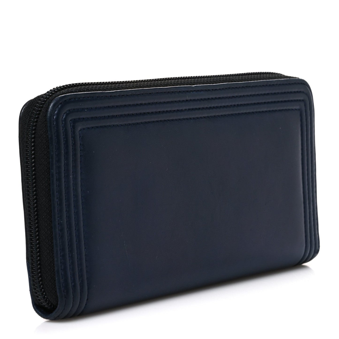 Calfskin Large Bi-Color Zip Around Boy Wallet Black Navy
