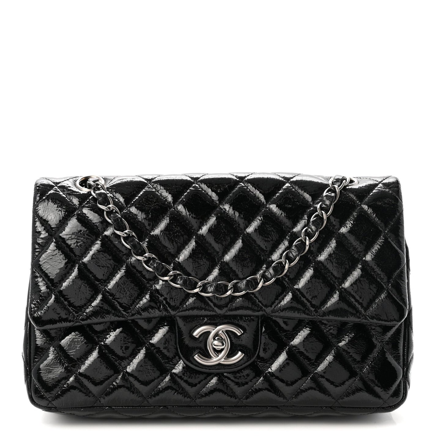 Crumpled Patent Quilted Medium Double Flap Black