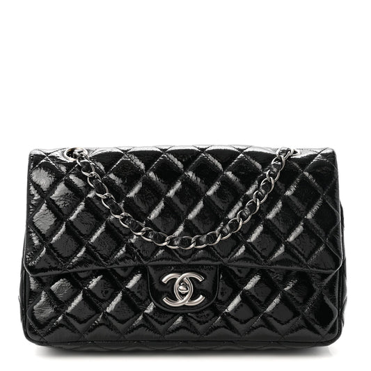 Crumpled Patent Quilted Medium Double Flap Black