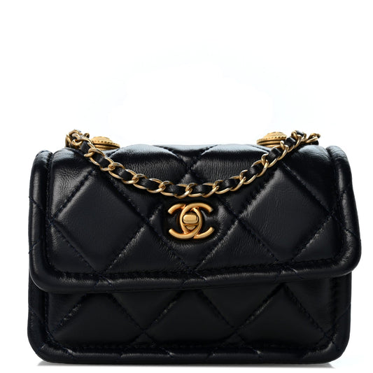 Shiny Lambskin Quilted Extra Mini Flap Navy Blue