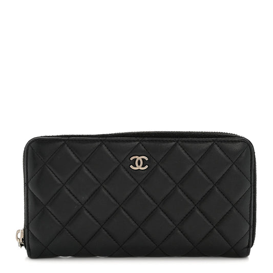 Lambskin Quilted Large Gusset Zip Around Wallet Black