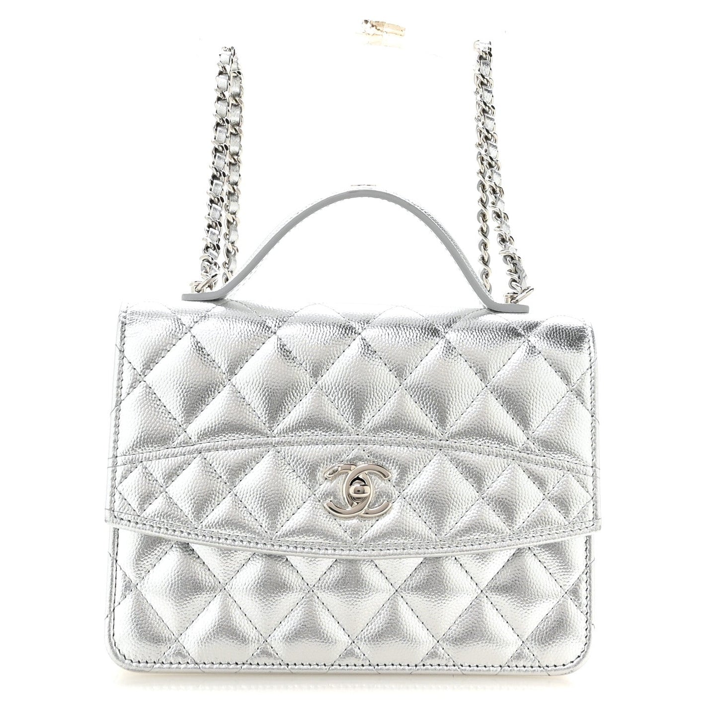 Metallic Caviar Quilted Top Handle Wallet on Chain WOC Silver